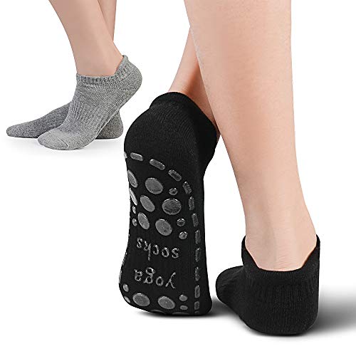 GOAMZ Calcetines de yoga antideslizantes (2 pares) para mujer, calcetines antideslizantes de pilate para baile, ballet, fitness, entrenamiento, talla 3,5-7 (negro + gris)