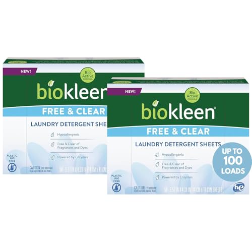 Image of Biokleen Laundry Detergent Sheets (2 PACK) - Free & Clear From Fragrances and Dyes, Hypoallergenic Enzymatic Cleaning - 100 Sheets, 200 Loads