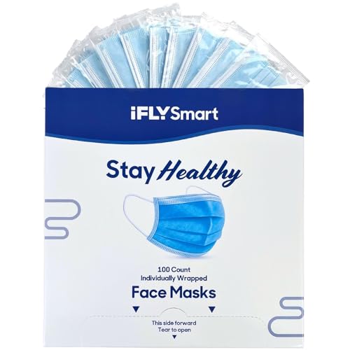 ClearLee IFLY Smart Premium Disposable Blue Face Mask Individually Wrapped - Soft on Skin - 100 Pack of 3-Ply Masks Facial Cover