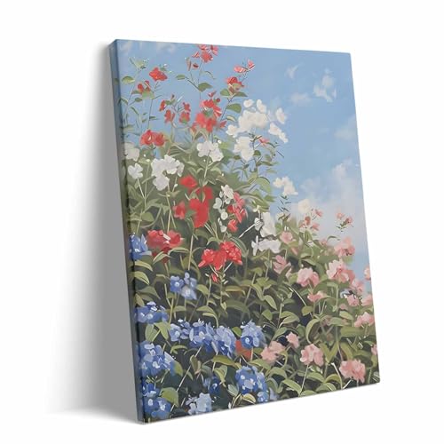 Image of Memorial Day Canvas Wall Art, Red White Blue Flower Pictures Print, Summer Wildflower Bloom Under Blue Sky Poster, Patriotic Memorial Day Floral Framed Art for Farmhouse or Porch Decor 20x24inch