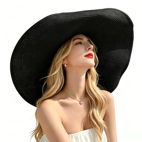 Oversized Beach Straw Hats for Women Extra Large Wide Brim Beach Hat Foldable Roll up Floppy Sun Hat Summer UV Protection (Black)
