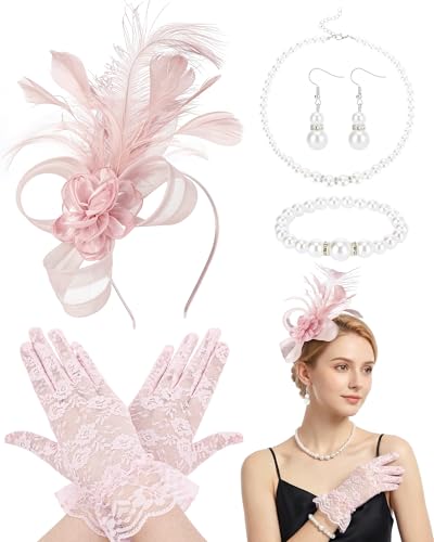 Zinniday Pink Fascinators Hats Set 5 Pcs 2026 Elegant Feather Tea Party Hats with Pearl Necklace Earring Bracelet and Lace Gloves 1920s 50s Derby Fascinators for Women Prom Church Cocktail Party