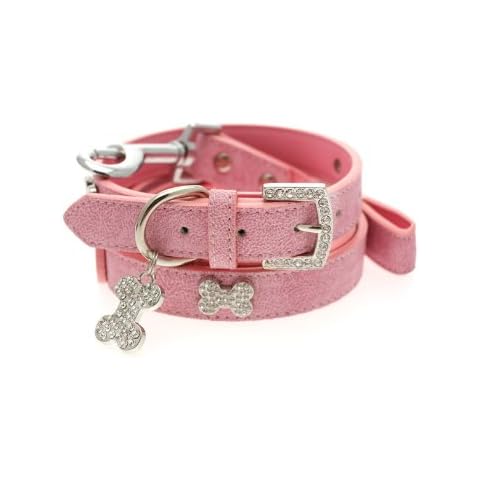 UrbanPup Pink Leather Diamante Collar/Diamante Bone Charm & Lead Set (Large - Dog Neck Circumference, adjusts: 14" to 18" / 35cm to 45cm) Cover