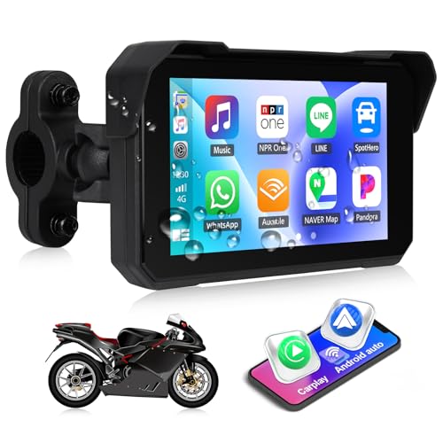 Image of CAMECHO Motorcycle Carplay Screen, Wireless CarPlay Android Auto for Moto, 5 inch Waterproof Touchscreen Portable Car Stereo Support Dual Bluetooth, Siri, Google Assistant