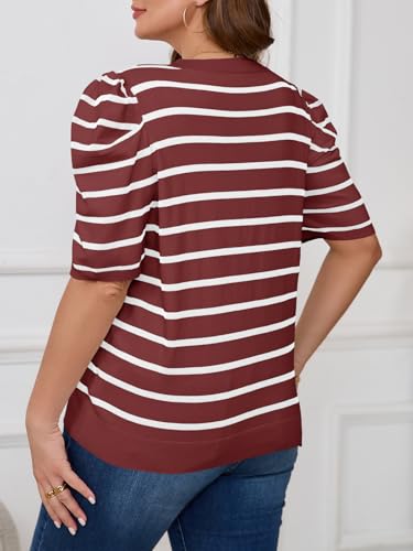 Image of Beautife Womens Plus Size Short Puff Sleeve Sweater Tops Lightweight Striped T Shirts Summer Casual Crew Neck Knit Pullover Wine Red