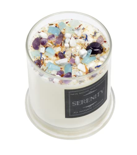 Lavender Chamomile Candle by New Moon Beginnings - Calming Energy Candle - Crystal candle & Herb Candle - Aromatherapy Candle - Essential Oil Candle (12 Ounce Round Glass)