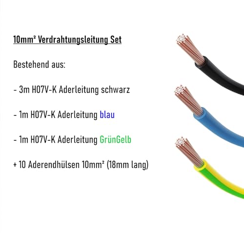 CusoTec Verdrahtungsleitung Set 10mm² Einzelader Aderleitung Verdrahtungsbrücken für Zählerplatz schwarz 3m - blau 1m - grüngelb 1m + 10 Aderendhülsen (10mm² Set)