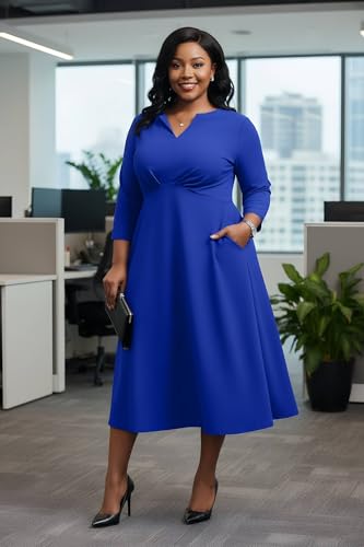Image of Nmoder Women's Plus Size Stretchy Flared Wrap Dress Casual Wedding Guest Midi Dresses V Neck 3 /4 Sleeve A-Line Swing Dress