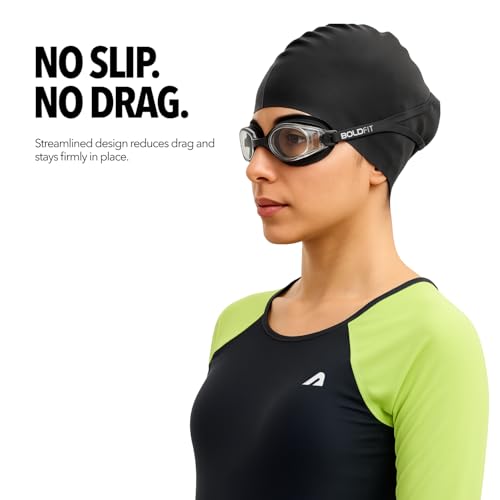 Image of Boldfit Swimming Cap & Goggles Set for Men & Women - Silicone Cap & Anti-Fog Goggles - Black