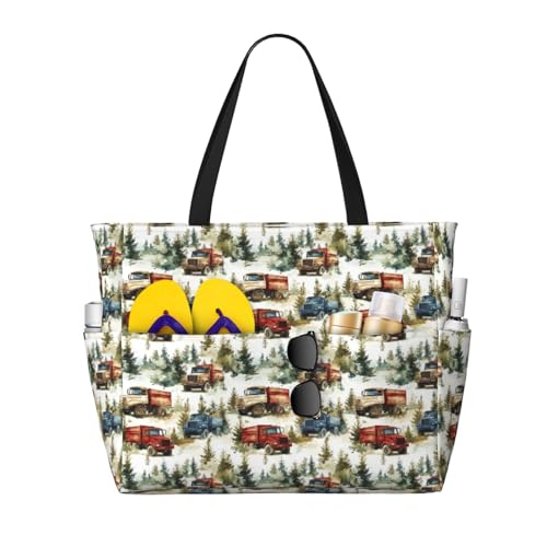 Large Beach Bags for Women Sandproof - Forest Retro Truck Print Summer Travel Work Tote Bags with Zipper