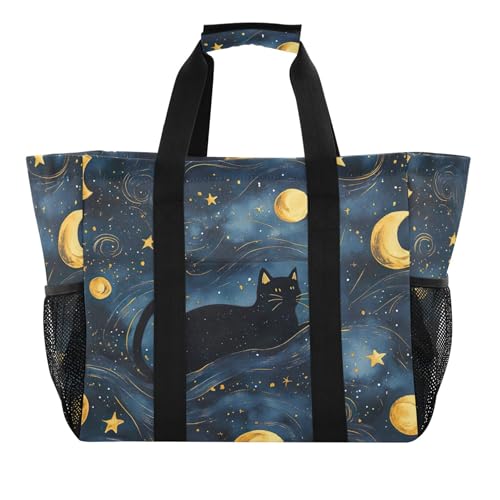 Grand sac de plage en toile imperméable cabas femme motif chat noir grand volume