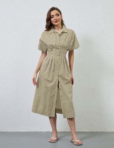 Image of MISSACTIVER Button Front Pleated Shirt Dress for Women Summer Striped Short Sleeve Lapel V Neck Corset Maxi Dress
