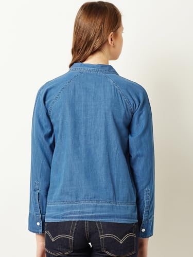 Image of Miss Chase Women's Polo Neck Full Sleeves Patch Pocket Denim Overcoat Knee-Length Jacket