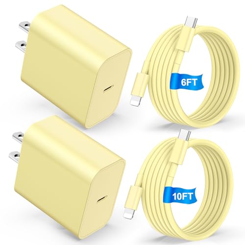 Compatible with Phone 14/13 Charger, 2Pack 20W Fast Charging Wall Charger Block Cubes with 6/10Ft USB C to Lighing Cable Compatible with Phone 14/Plus/Pro Max/13/Plus/Pro Max/iPad Pro (Yellow)