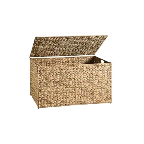 MOORLITER Water Hyacinth Storage Basket with Lid 17.2 Gallon (65L) Wicker Storage Trunk with Handles Handwoven Wicker Storage Bin for Blanket Foldable for Living Room Laundry Room Natural
