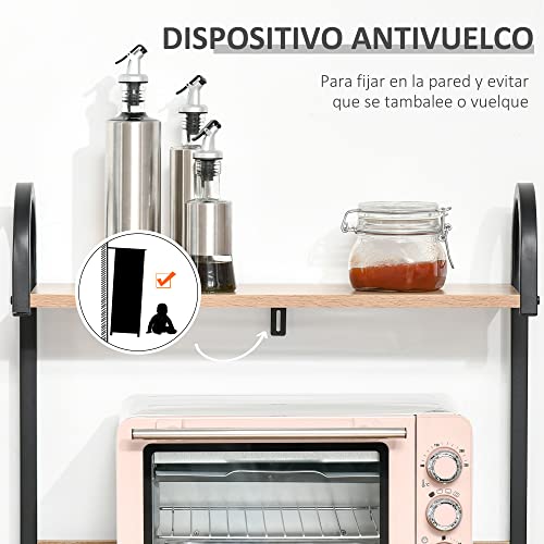 HOMCOM Estantería de Cocina de 4 Niveles Estante de Cocina con Ganchos Estantería para Microondas 60x40x125 cm Madera Natural - imagen 7