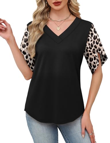 Image of WIHOLL Womens Summer Tops Short Petal Sleeve Shirts Fashion V Neck Womens Clothing