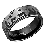 (8mm) Unisex or Men's Hunting Bear Crossing Wedding Ring Band. Silver / Gray Brushed Tungsten Carbide Band with Black Etched Bear Family, Mountains and Forest Design. Hunter's Wedding Ring. One Year Warranty Included. (9)