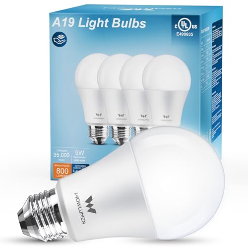 WOWLUMEN A19 LED Light Bulb, 9W E26 Lighting Bulbs(60 Watt Equivalent),5000K Cool White, 800LM Standard Base for Kitchen, Living Room, Corridor, Office, UL Listed, 4 Packs