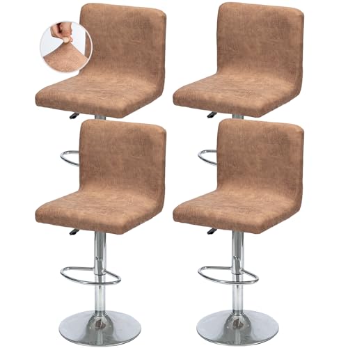 Image of FUANGUI Bar Stool Covers Set of 4, Faux Leather Looking Stretch Bar Stool Chair Cover Slipcovers, Counter Stool Bar Chair Covers for Kitchen Pub Dining Room Retro Style Home Deco- Light Brown