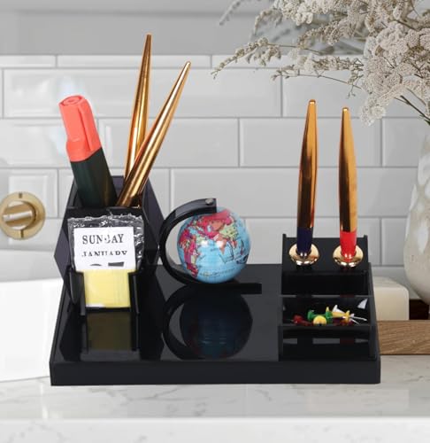 Image of Acrylic Pen Stand For Stylish Office Desk Organiser with Globe, Pen Holders, Multipurpose Stationery Desk Organizer Smoke Black Color Pack Of 1 (With Two Special Pen)