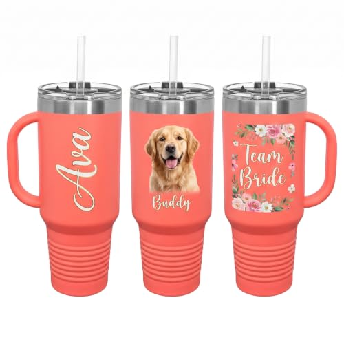 Personalized Photo Tumbler 40 oz with Handle & Straw Lid - Custom Tumbler with Picture and Name, Full-Color UV Printed - Add Your Own Photo & Text - Birth Flower, Bridesmaid & Monogram Gift - Image 2