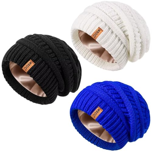 Image of 3 Pack Satin Lined Beanie for Women, Warm Slouchy Winter Hats with Silk Lined, Fashionable Oversized Cable Knit Hat Skull Cap