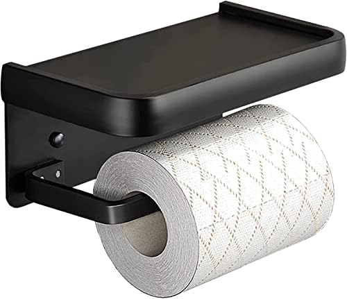 Toilet Roll Holder with Shelf, Valdivia Black Toilet Roll Holder Wall Mounted, Waterproof & Rust Resistant Self Adhesive Toilet Paper Holder No Drilling for Bathroom Washroom Toilet Kitchen