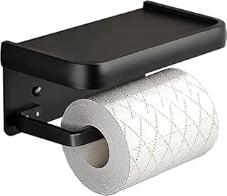 Toilet Roll Holder with Shelf, Valdivia Black Toilet Roll Holder Wall Mounted, Waterproof & Rust Resistant Self Adhesive Toilet Paper Holder No Drilling for Bathroom Washroom Toilet Kitchen