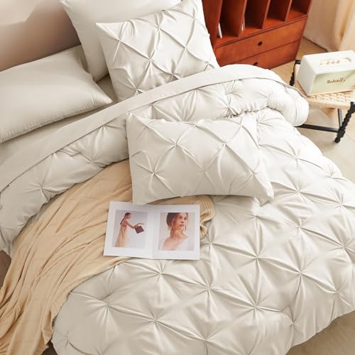 CozyLux California King Comforter Set Beige - 7 Pieces Cal King Cream Off White Bed in A Bag Gift for Family, Pinch Pleat Bedding Sets with All Season Comforter, Sheets, Pillowcases & Shams