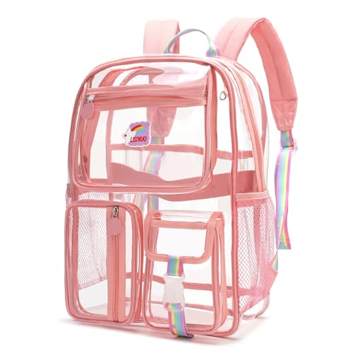 LISINUO Clear Backpack Heavy Duty,Transparent Backpacks for School,Girls bookbag Stadium Approved,With Keychain (Pink)