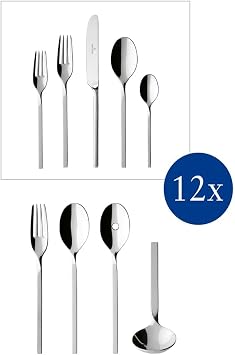 Villeroy & Boch NewWave Collection 64 Piece Flatware Set, Sleek, Tapered, Modern Design, 18/10 Stainless Steel, Service for 12, 4 Piece Serveware Set Included