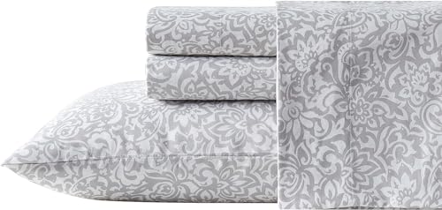 Indigo Ink TFM-STS-QUEN-AZ-GRAY Queen Size Sheet Set, 4-Piece Boho Floral Damask Patterned Bedding thumb #2