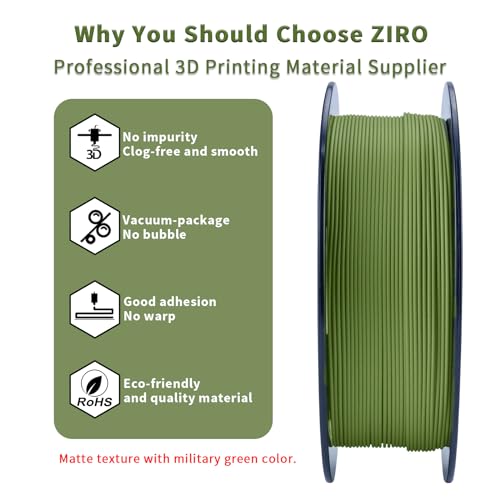 Image of ZIRO Matte PLA Filament 1.75mm, Pure Color No-Shine 3D Printer Filament, High Toughness 3D Printing Material, Dimensional Accuracy + /- 0.03mm, Military Green(Matte) | Fit for Most FDM 3D Printer, 1.75mm 1KG Spool, Dimensional Accuracy + /-0.03mm, Colorful PLA FilamenT