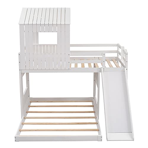 Image of Twin Over Full Bunk Bed Frames Loft Bed with Slide, House Roof, Window and Safety Guardrails for Boys or Girls, White