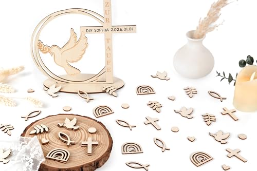 Taufdeko Set Holz Tischdeko Zur Taufe + 64 Streudeko Holzfiguren (Fisch Taube Regenbogen Kreuz U.v.m. Taufelemente) Für Jungen & Mädchen Zur Tauffeier