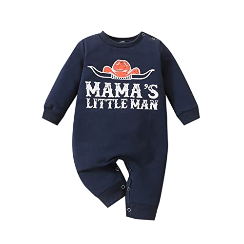 Image of Omkzanbi Western Baby Boy Clothes Newborn Cowboy Jumpsuit Cow Printed Onesie Long Sleeve Bodysuit Fall Winter Outfit (Mama's Little Man Cow Printed Western Jumpsuit, 0-3 Months)
