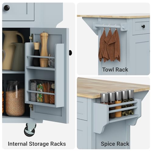 Rovibek Kitchen Island with Drop Leaf 53in Rolling Kitchen Island On Wheels with Storage Mobile Kitchen Island Cart Portable with Drawer and Storage Cabinet, Spice Rack, Towel Rack, Grayish Blue
