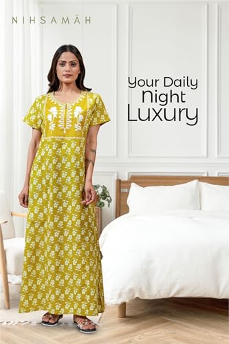 Image of NIHSAMAH Cotton Nighty for Women - Printed Stylish Night Gown, Comfortable Sleepwear Long Nightwear, Maxi