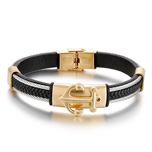 RobertDTesta Pulsera De Cuero con Ancla para Hombre, Pulsera De Acero Inoxidable Trenzada con Ancla Gótica Vintage,Oro,21cm