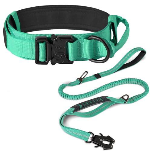 Joytale Tactical Dog Collar(20"-24") and Dog Leash Set, Adjustable Strong Dog Collar with Handle and Shock Absorbing Bungee Dog Leash for Extra Large Dogs(Turquoise,XL)