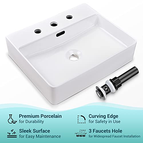Aquaterior 20" Rectangle Bathroom Vessel Sink with Widespread Faucet Holes with Overflow Hole Pop-up Drain White Porcelain Above Counter Basin