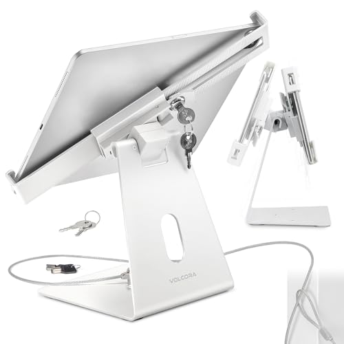 Image of Volcora Anti-Theft Tablet Stand iPad Kiosk Stand with Lock, White 10-13'' iPad Stand for Desk, Swivel, Adjustable iPad Holder for Desk, iPad Mount for Desk for POS Register, Retail Business, Cashier