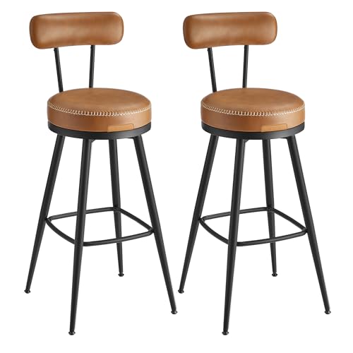 VASAGLE EKHO Collection - Tabouret de Bar, Lot de 2, Chaise de Cuisine, Siège Rembourré, PU avec Coutures, Style Moderne Mi-siècle, Hauteur 76 cm, pour Cuisine, Bar, Marron Caramel LBC889K01