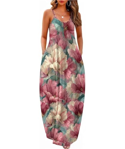 Image of Wolddress Womens Maxi Dress with Pockets 2026 Casual Strap Plus Size Loose Plain Long Office Summer Beach Travel Dresses S-5X