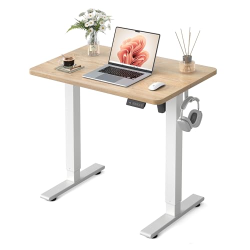 Image of FEZIBO Small Standing Desk, 32 x 19 Inches Electric Height Adjustable, Sit and Stand Up, Computer Office Desk with Splice Board, White Frame /Maple Top