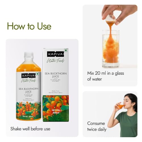 Image of Kapiva Sea Buckthorn Juice - 500ml | Omega 7-Rich Superfruit | Supports Immunity, Glowing Skin & Gut Health | With Omega 3, 6 & 9