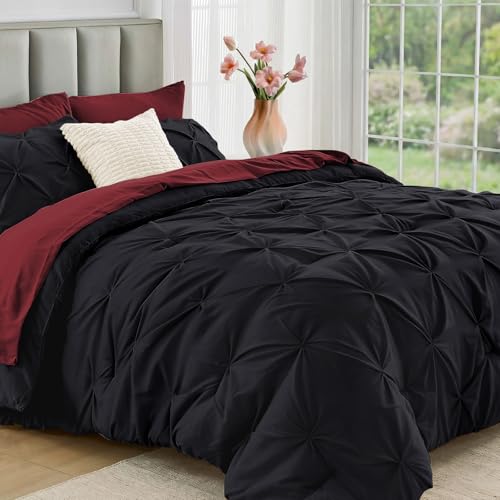 JOLLYVOGUE King Size Comforter Set 7 Pieces - Bed in a Bag King for All Season, Pintuck Bedding Comforter Sets with Comforter, Flat Sheet, Fitted Sheet and Pillowcases & Shams, Black & Burgundy