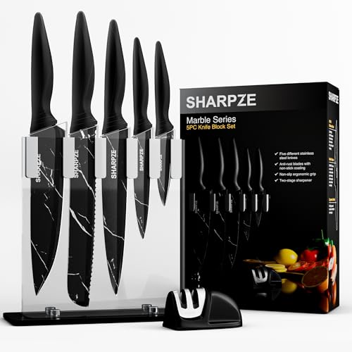 Sharpze Kitchen Knife Set with Block & Sharpener | 7-Piece Knife Block Set – Carbon Steel Kitchen Knives for Cooking