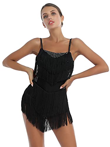 CHICTRY Femme Robe de Danse Latine Tango Salsa Samba Combinaison Dos Nu Gland Franges Justaucorps Gymnastique Ballerine Robe Bal Club Disco Ballroom Costume Danseuse Performance S-XL Noir S
